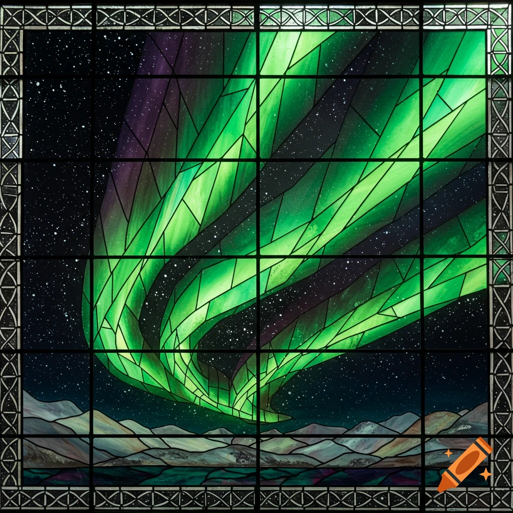 Stained glass window depicting green and purple aurora borealis over mountains and water.