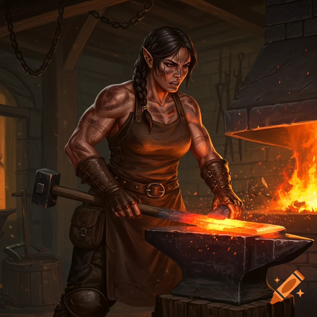 A muscular female blacksmith with pointed ears hammers glowing metal on an anvil in a dark forge.
