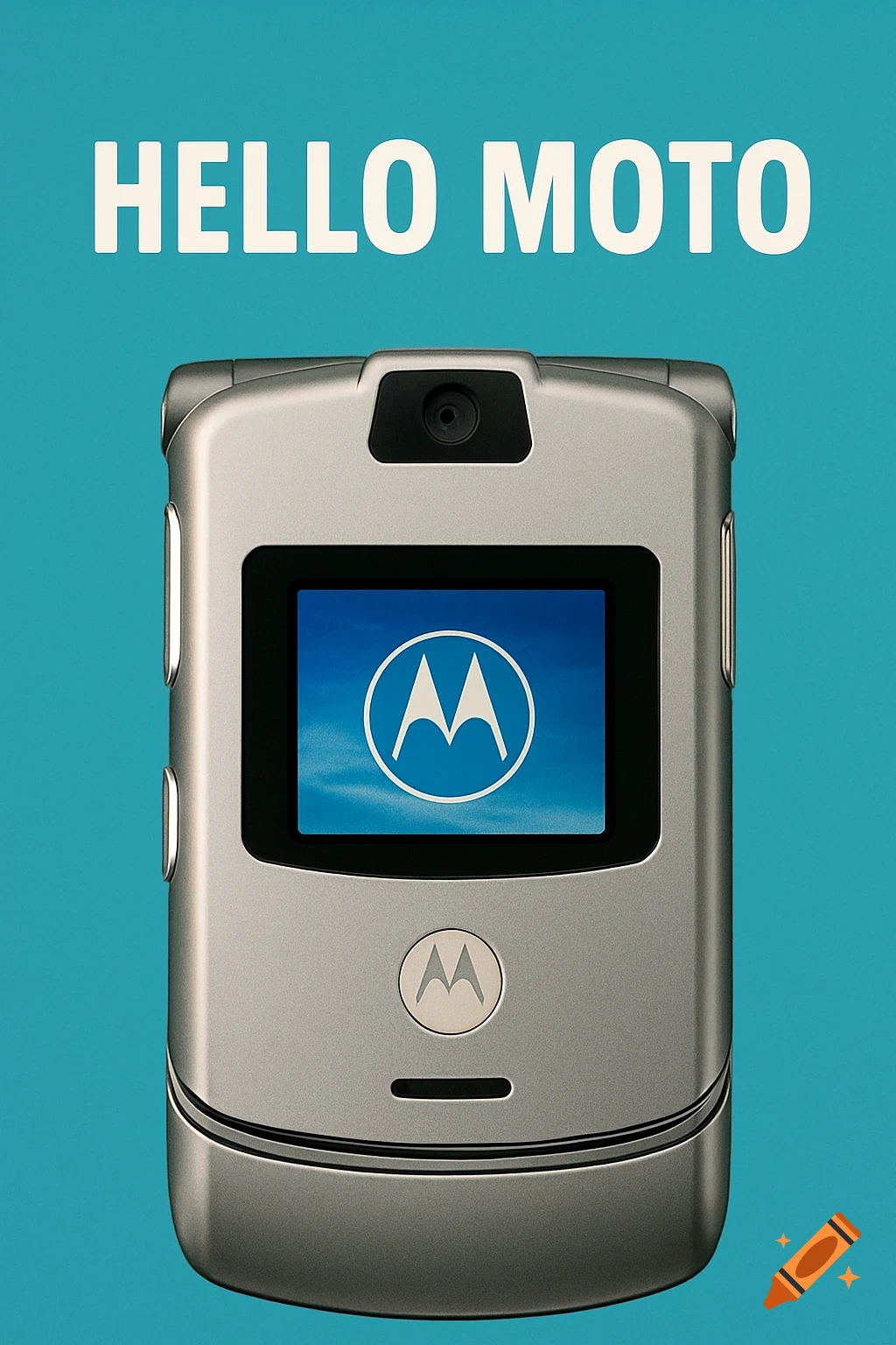 A silver Motorola flip phone with the logo and 'HELLO MOTO' text on a blue background