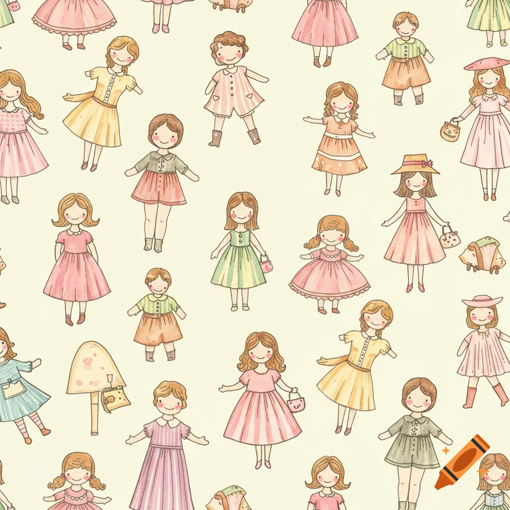 Seamless pattern of watercolor paper doll illustrations