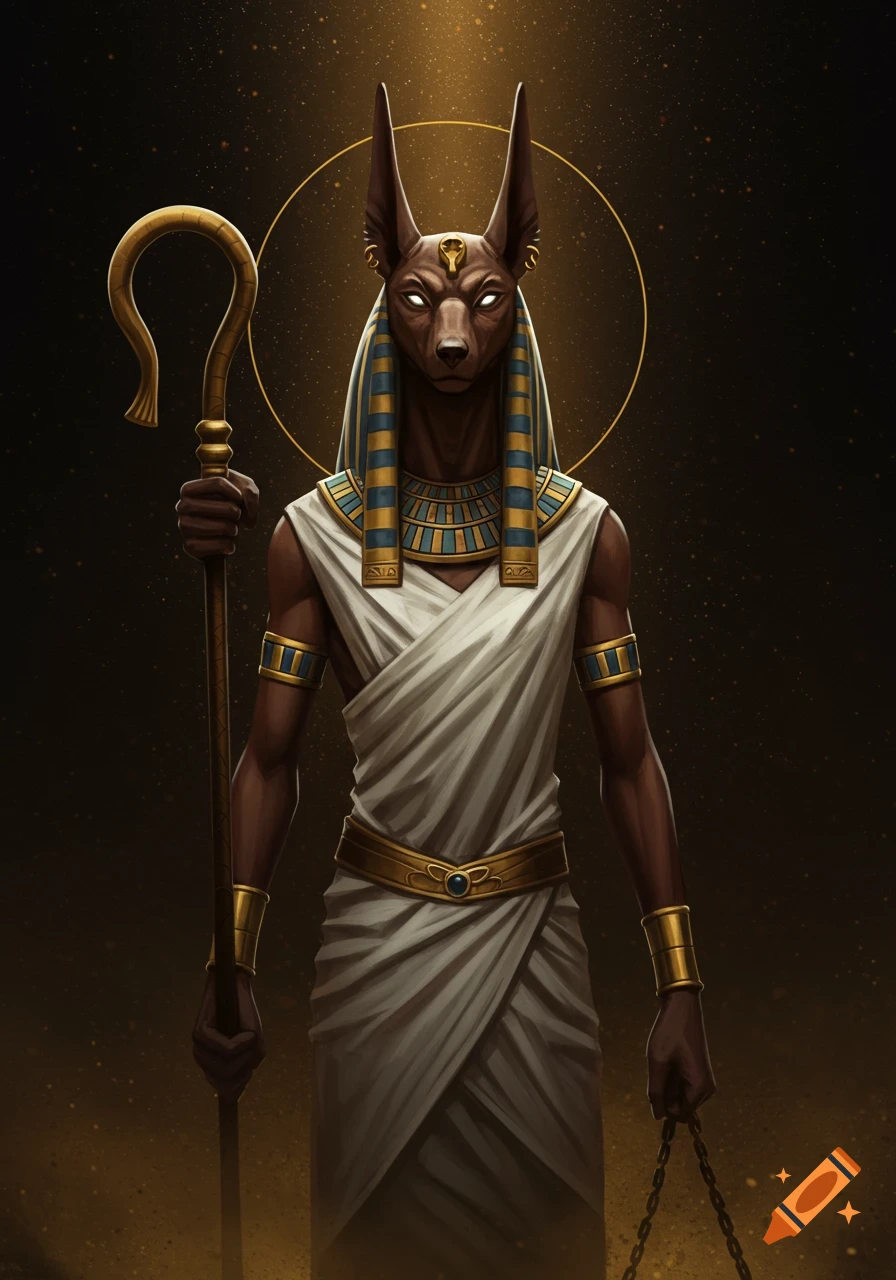 Anubis, the Egyptian god with a jackal head, wearing ancient attire, holds a staff and scales in a dramatic digital painting.