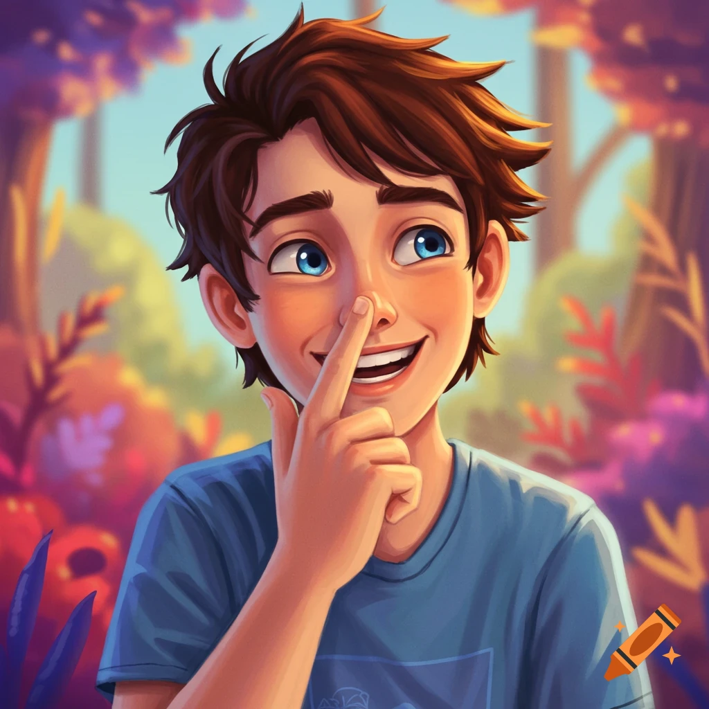 A cartoon boy with blue eyes touches his nose in a stylized forest.