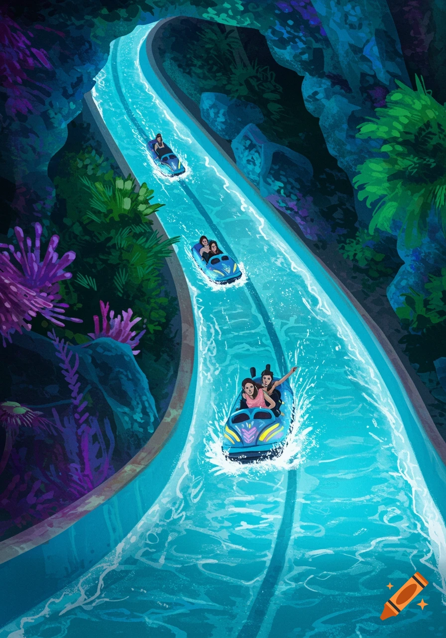 Illustration of people riding a water flume ride through a lush, colorful environment.