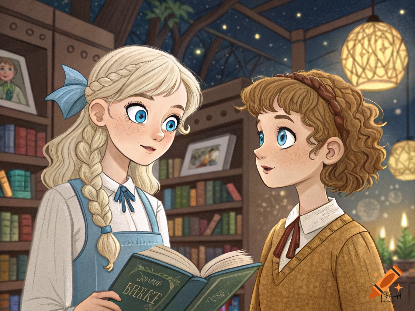 Two girls look at a book in a library. Illustration.