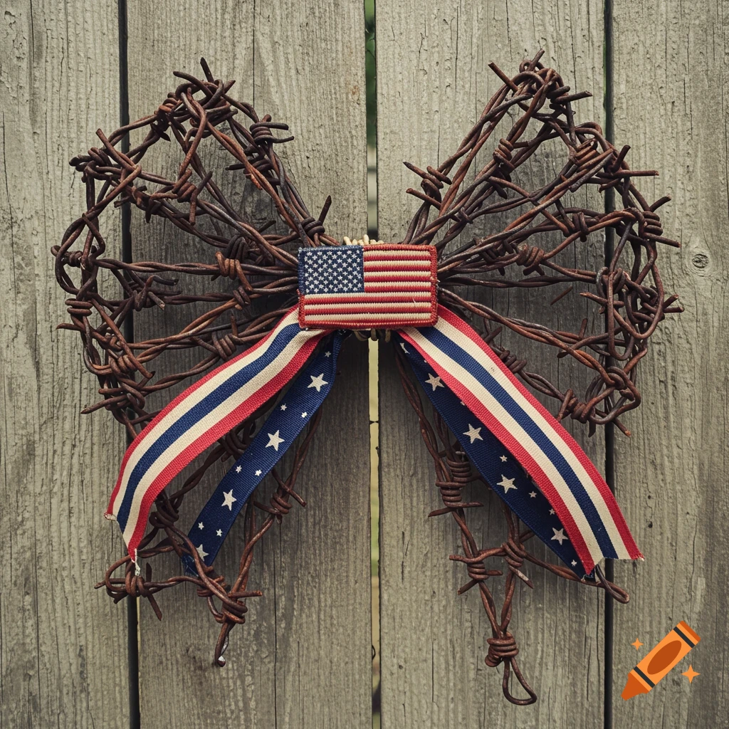 A barbed wire bow with a US flag and patriotic ribbons hanging on a rustic wooden fence.