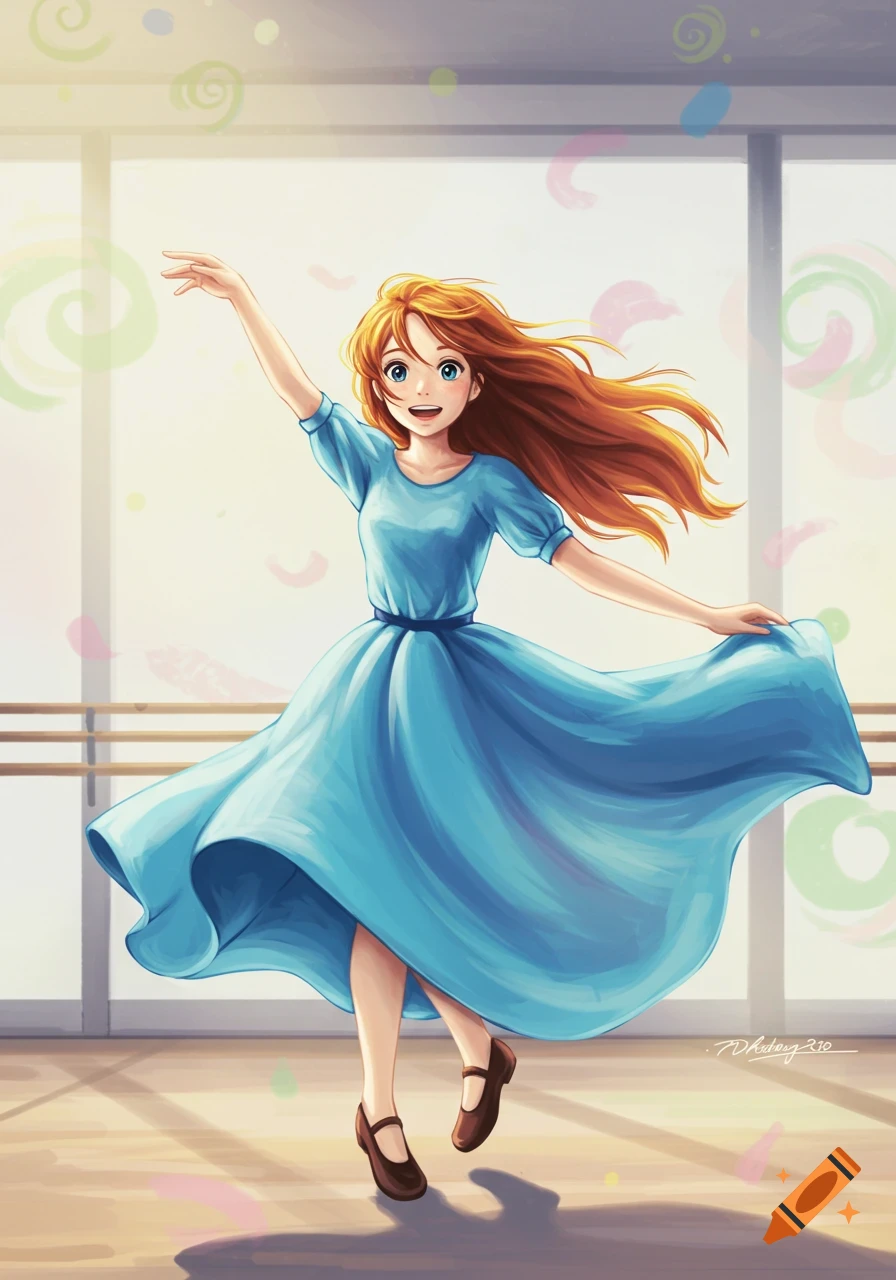 Anime illustration of a girl in a blue dress dancing in a bright studio.
