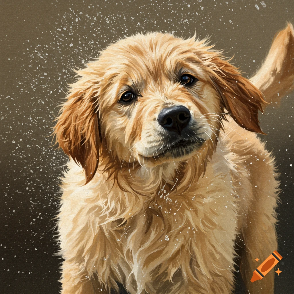 A golden retriever puppy shakes off water, digital painting style.