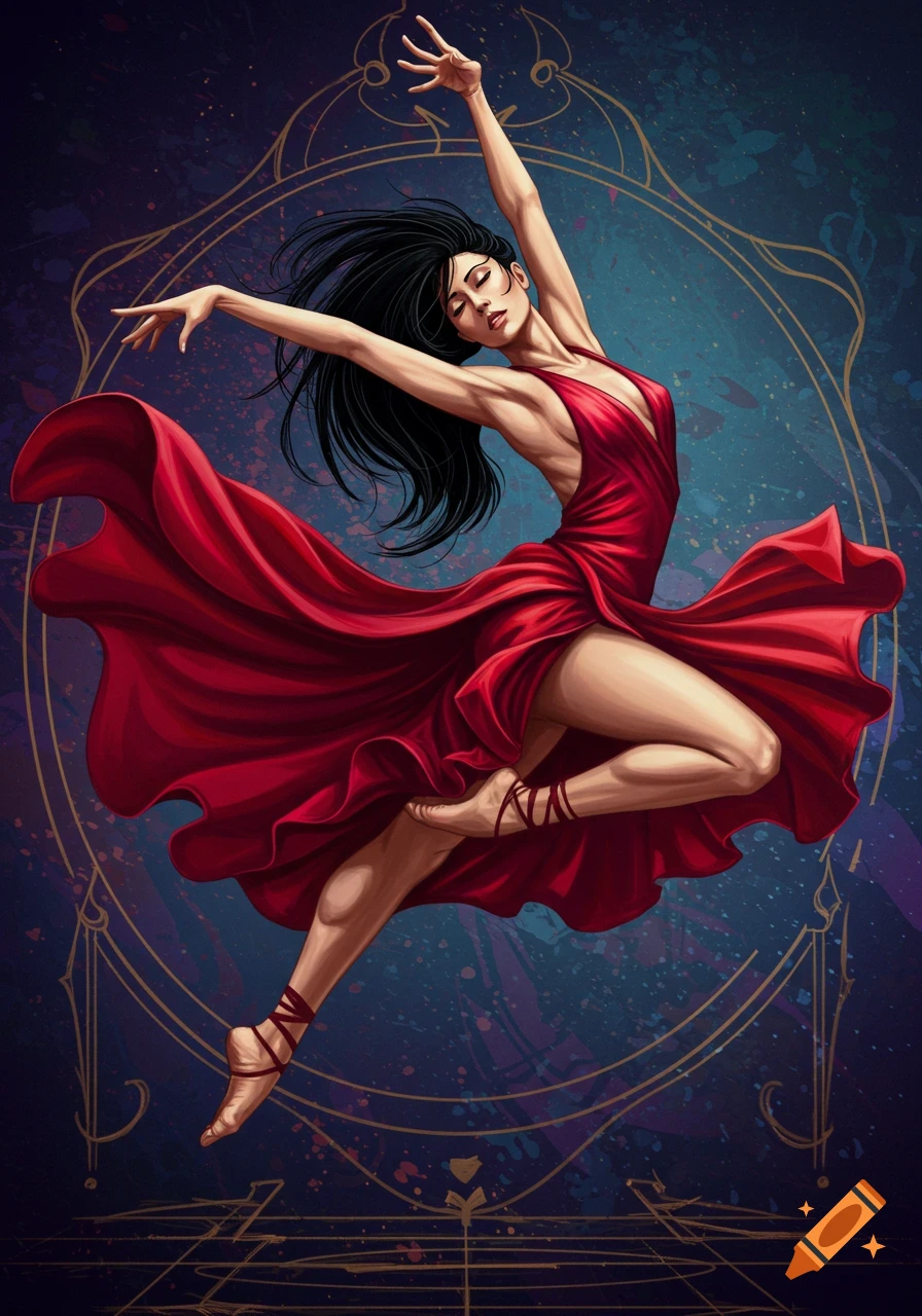 An illustration of a female dancer in a flowing red dress leaping against a dark, stylized background.