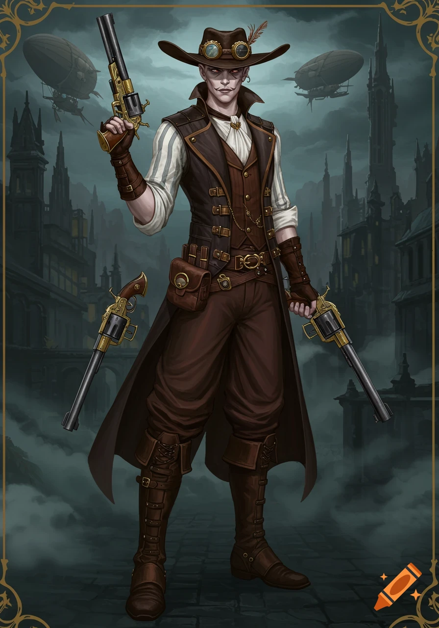 A fantasy character in steampunk attire holds dual revolvers with airships in the background.