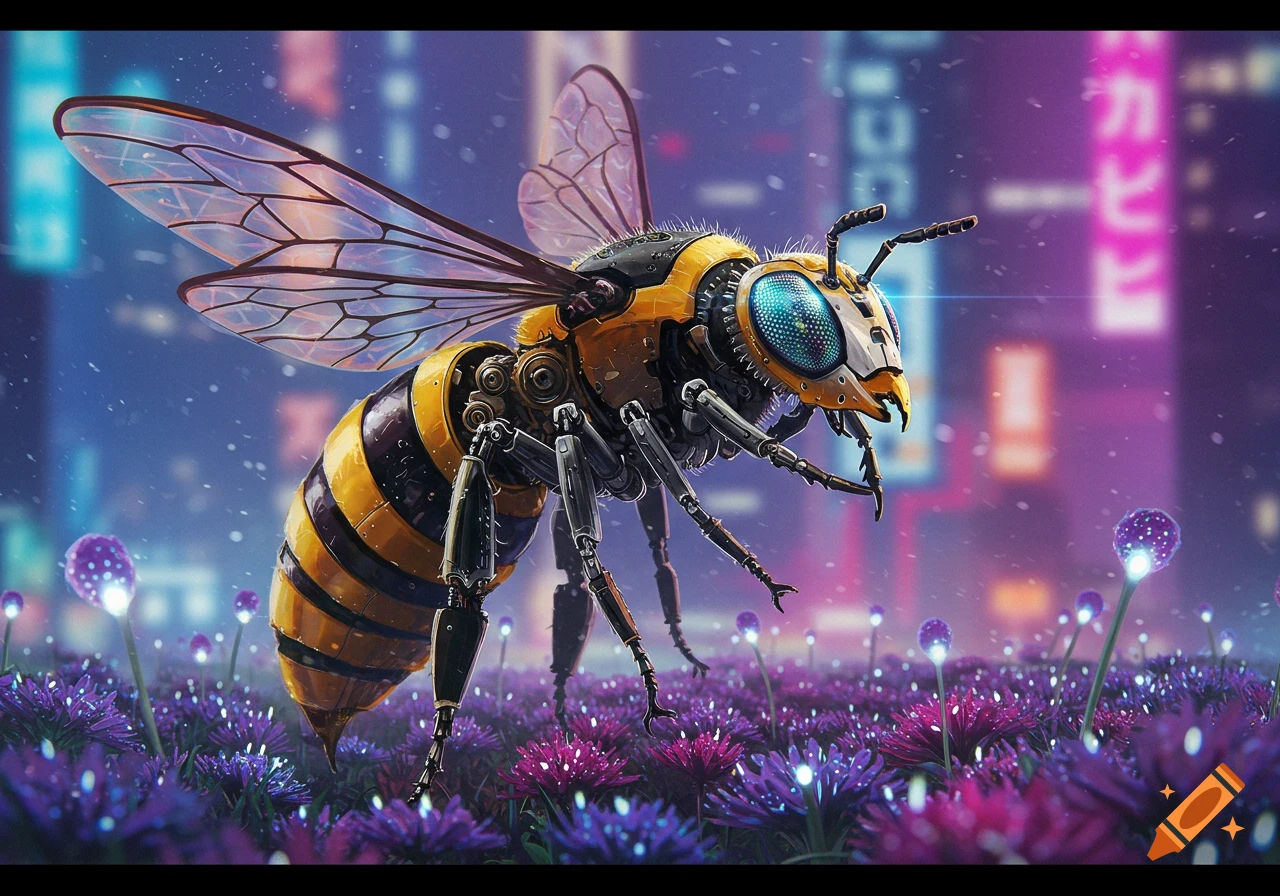 Detailed robotic bee standing on purple flowers with a blurred cyberpunk city in the background.