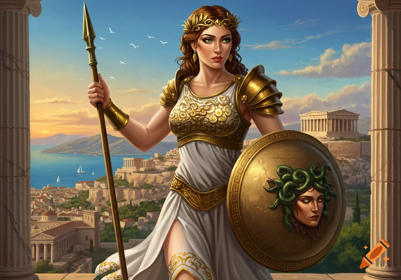 A goddess in golden armor holds a spear and shield with a Medusa head, overlooking an ancient Greek city with the Parthenon.