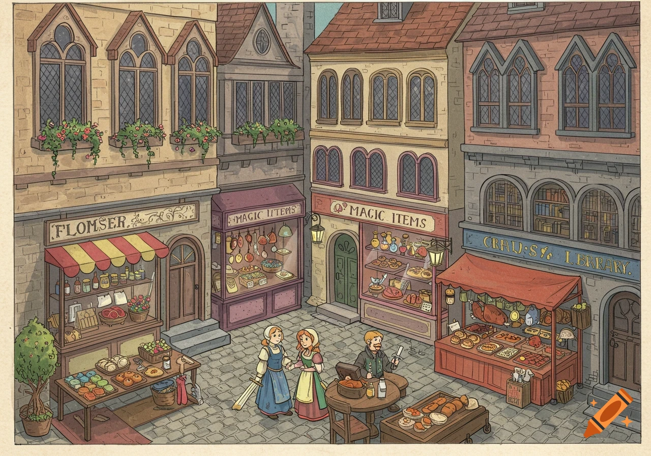 Cartoon drawing of a medieval town square with shops and people walking.