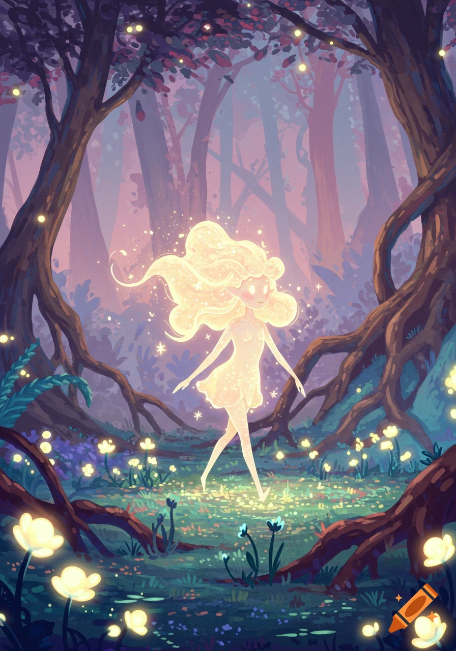 A glowing fairy walks through a magical forest filled with glowing flowers.