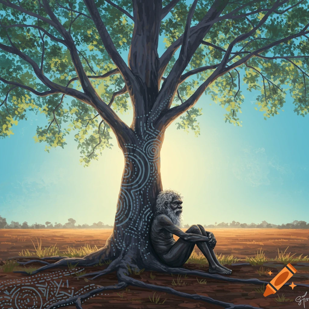 Indigenous person sits under a tree with traditional patterns in a landscape illustration