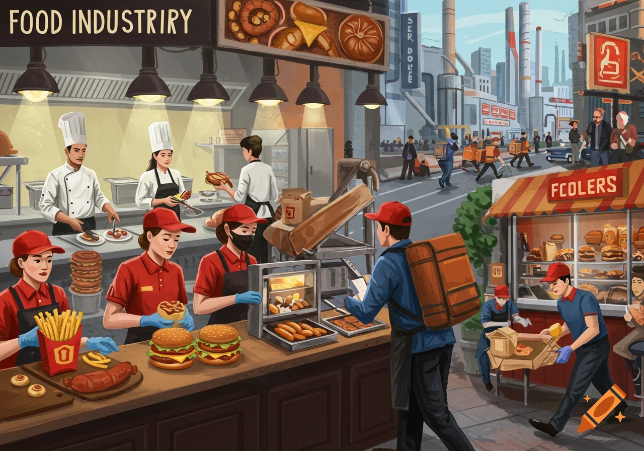 Illustration of workers in a fast food kitchen and delivery people outside, depicting the food industry.