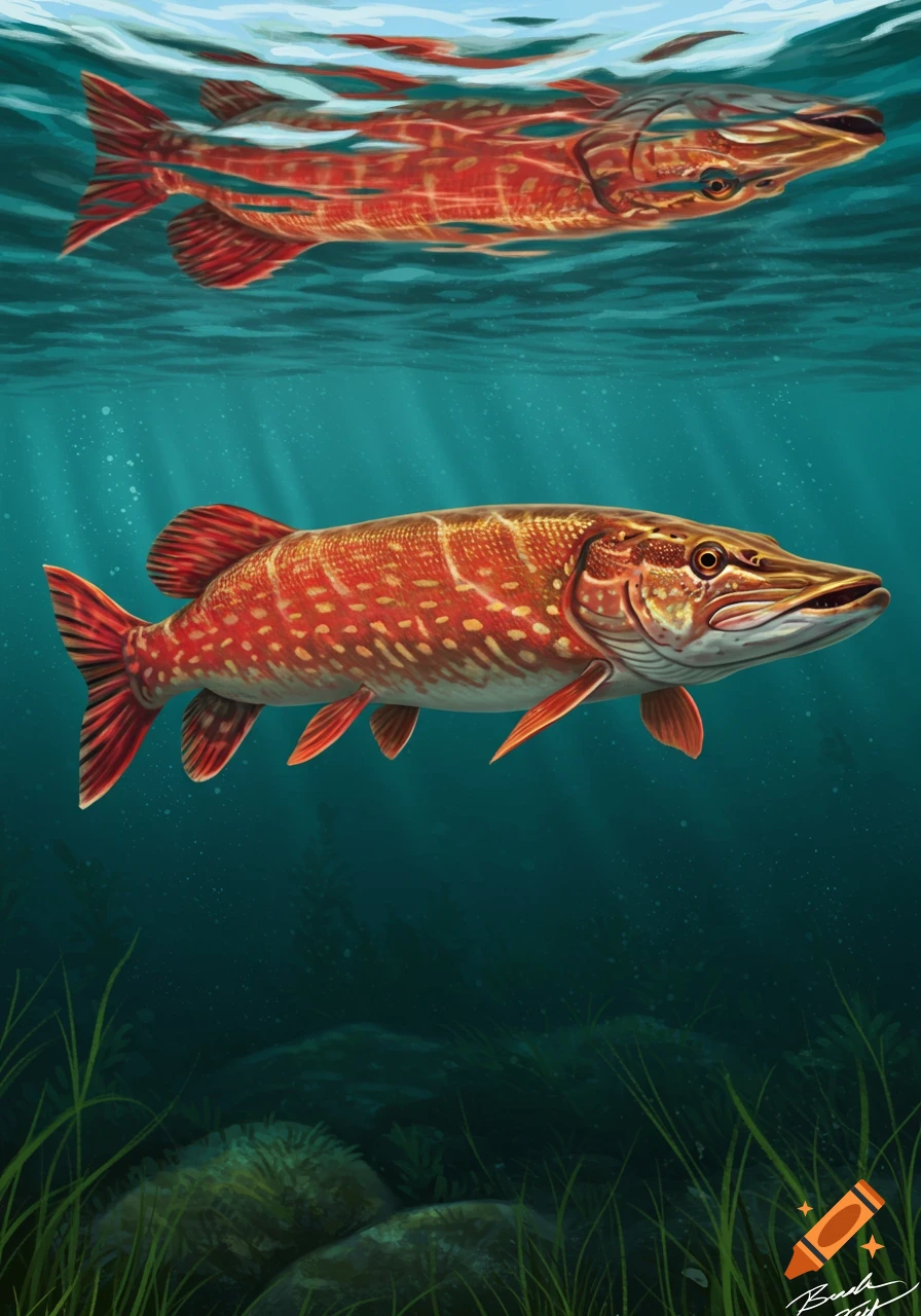 A red pike swims underwater with another visible near the surface in a digital painting.