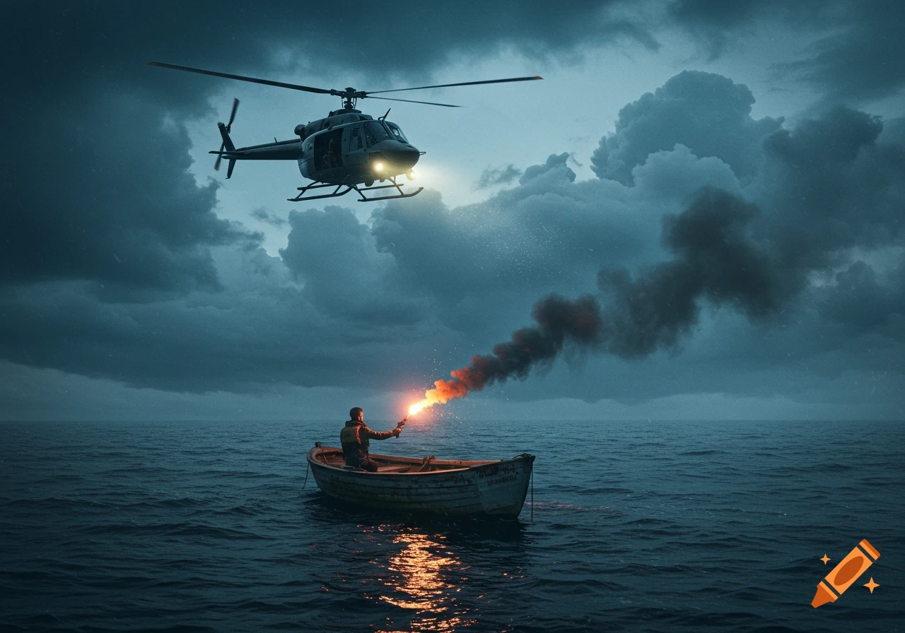 A man in a small boat fires a flare toward a helicopter under dark, cloudy skies.
