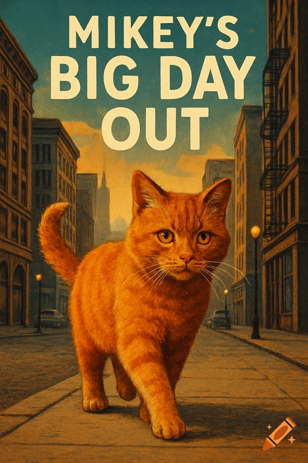 An orange cat walks on a city sidewalk, with the title "MIKEY'S BIG DAY OUT" above. Styled as a movie poster.