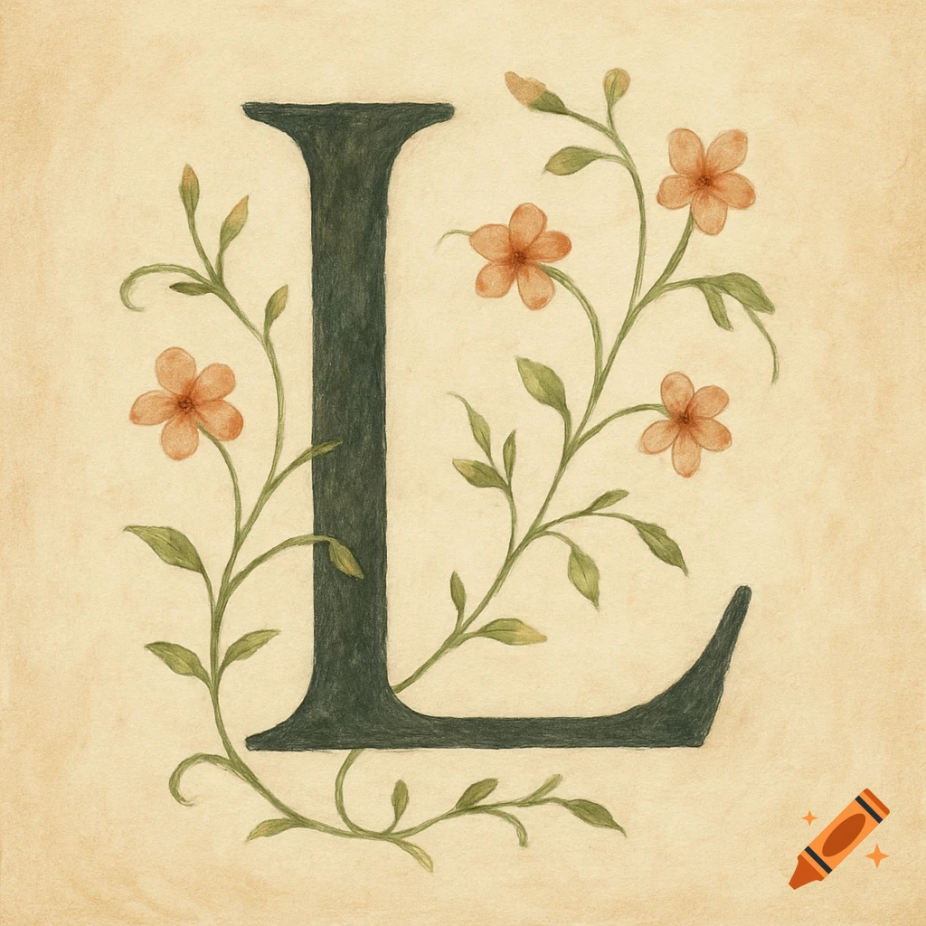 Stylized letter L with floral vines and flowers, watercolor illustration.