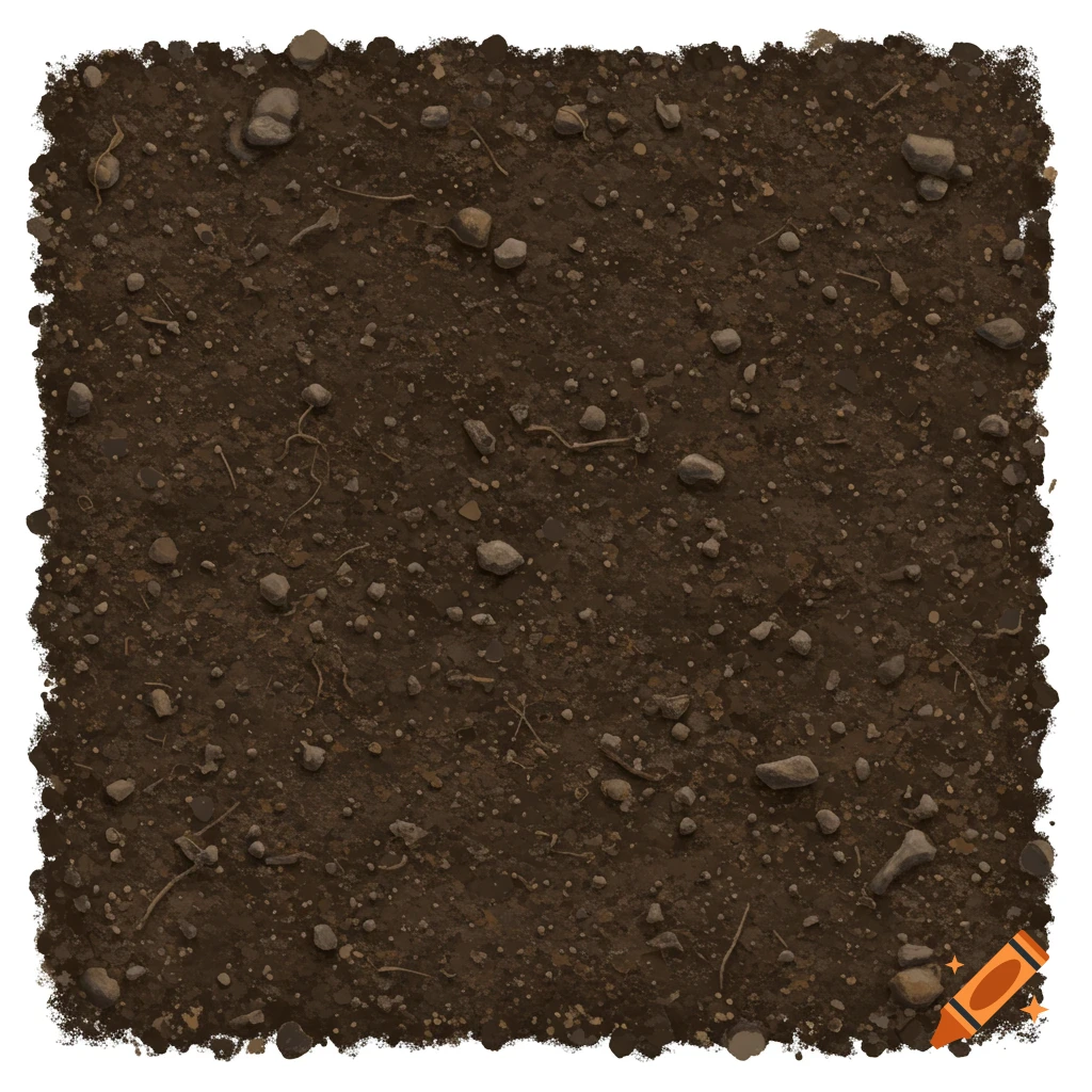 Close-up of brown dirt with rocks and roots