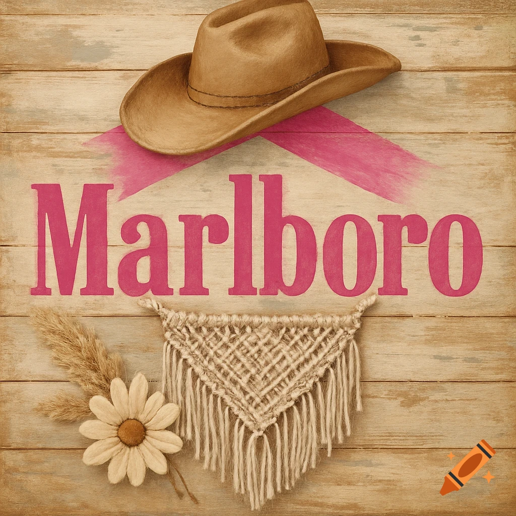 A cowboy hat, pink Marlboro text, macrame, dried grass, and a flower on a rustic wooden background.