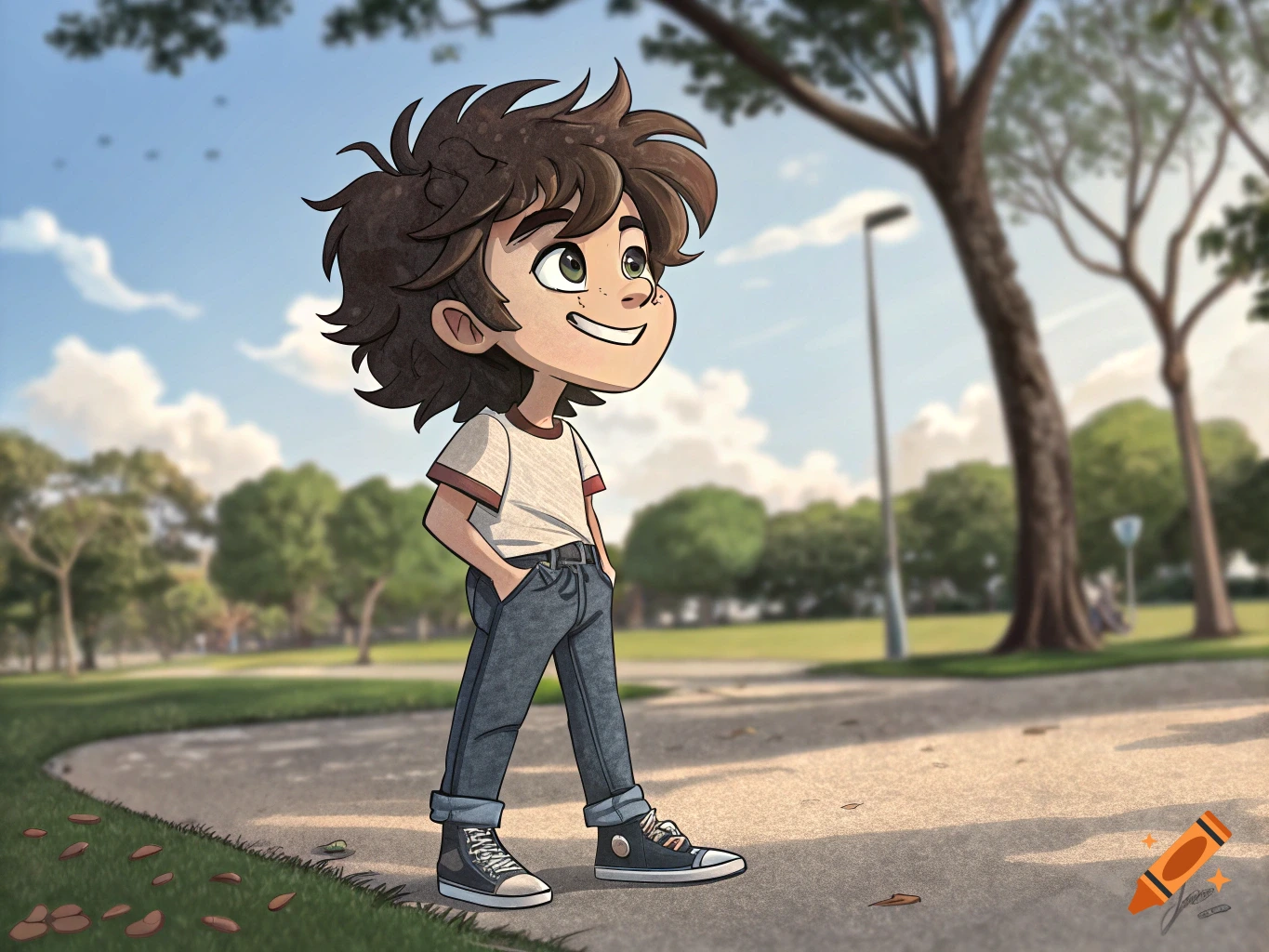 Cartoon boy stands in a park with hands in pockets, looking up.