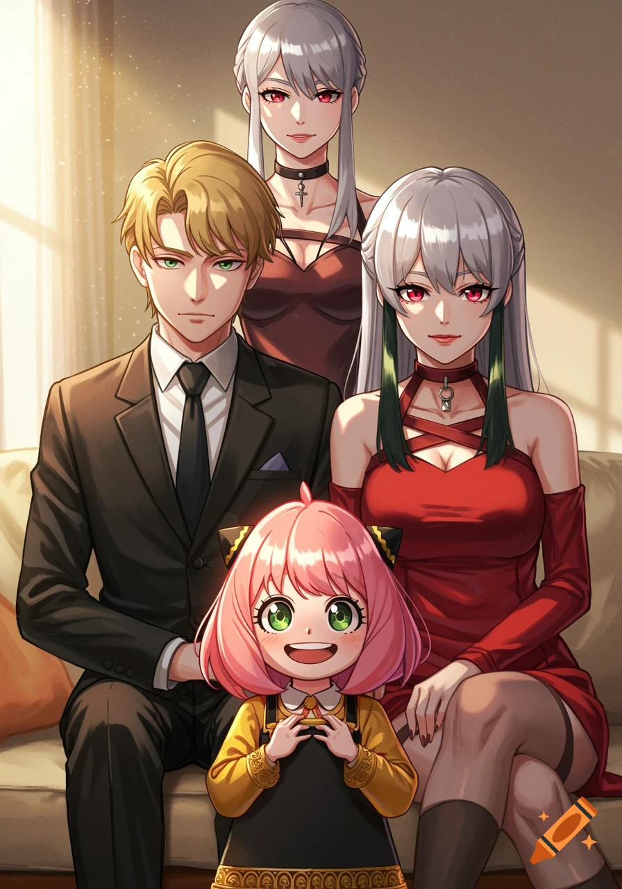 Characters from Spy x Family pose on a couch for a family portrait.