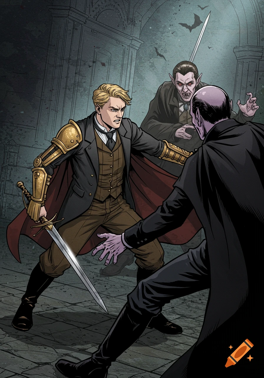 Manga style illustration of a man with a sword and prosthetic arm fighting two vampires.