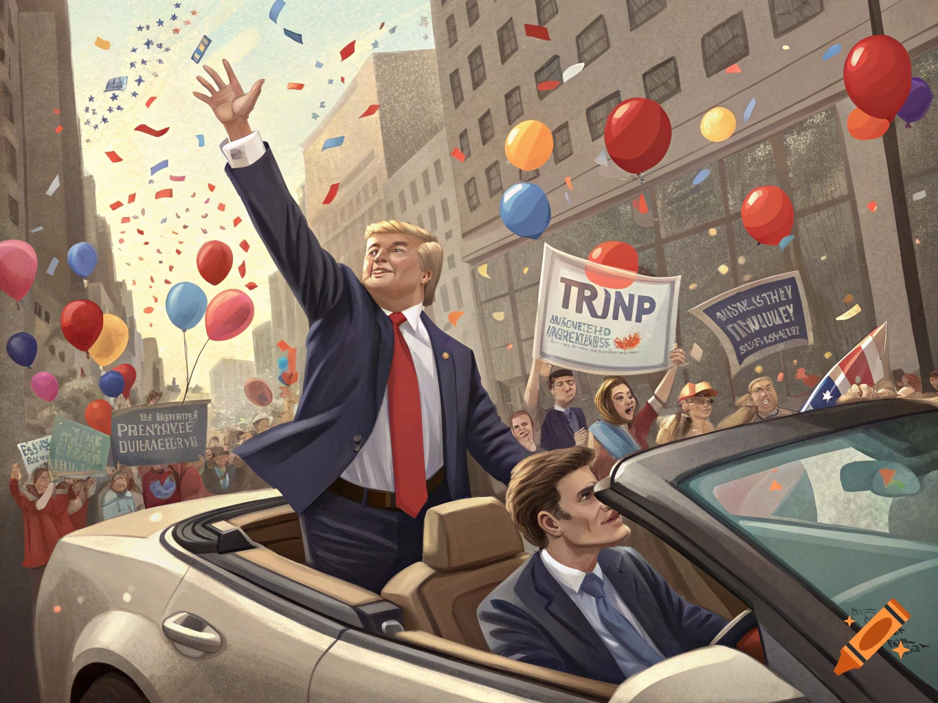 Illustration of Donald Trump waving from a car at a parade with balloons and confetti