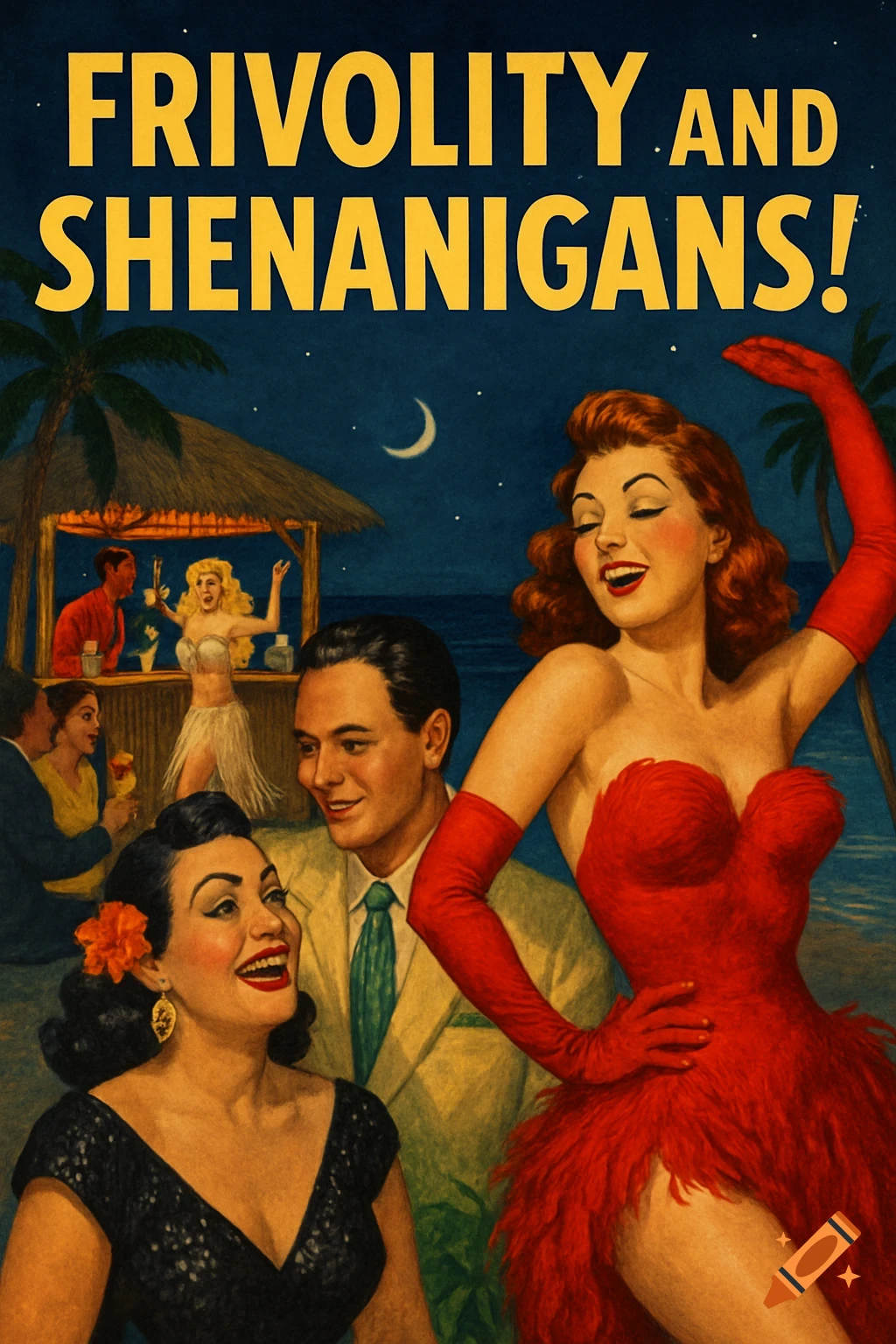 A retro movie poster titled "Frivolity and Shenanigans!" depicting a lively beach party scene with people dancing and drinking at a tiki bar.