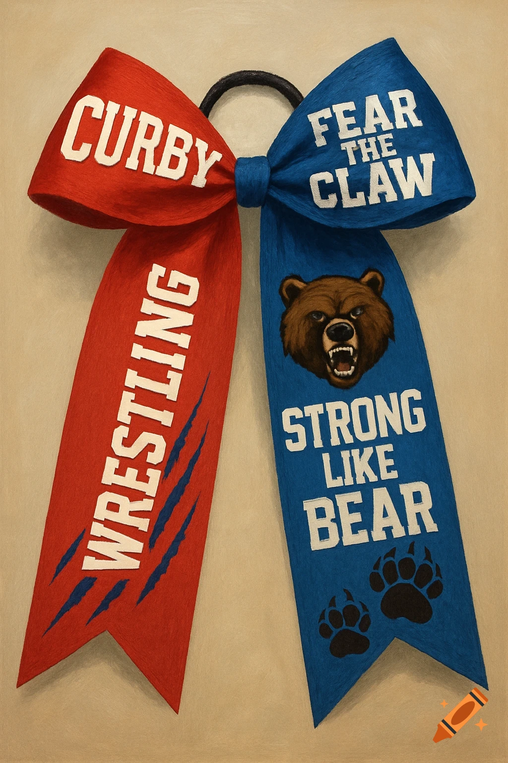 Red and blue wrestling spirit bow with text CURBY, WRESTLING, FEAR THE CLAW, STRONG LIKE BEAR, a bear head, claw marks, and paw prints.
