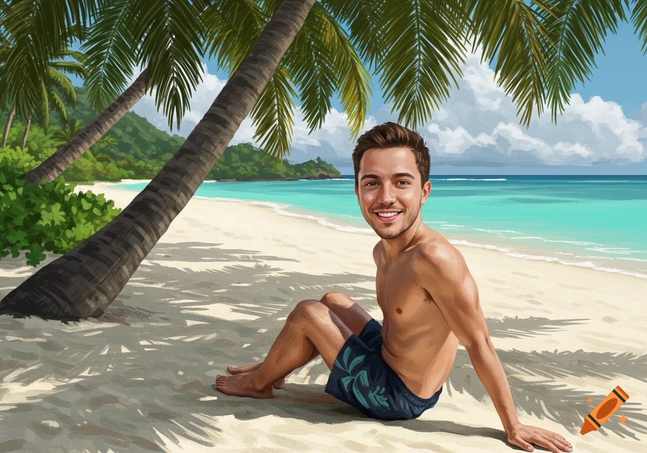 A painted illustration of a man sitting on a tropical beach under palm trees.