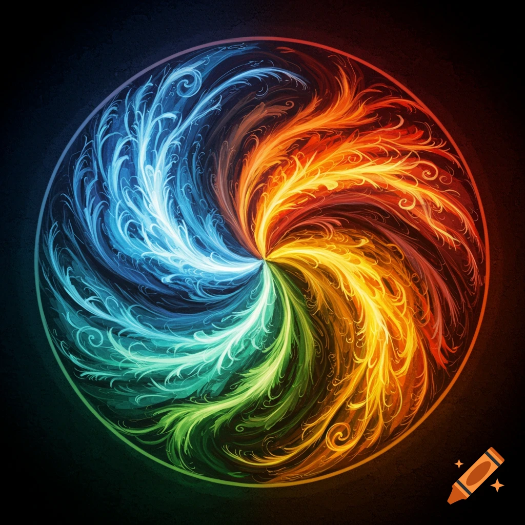 Abstract swirling circle design with colors representing fire, water, earth, and air.