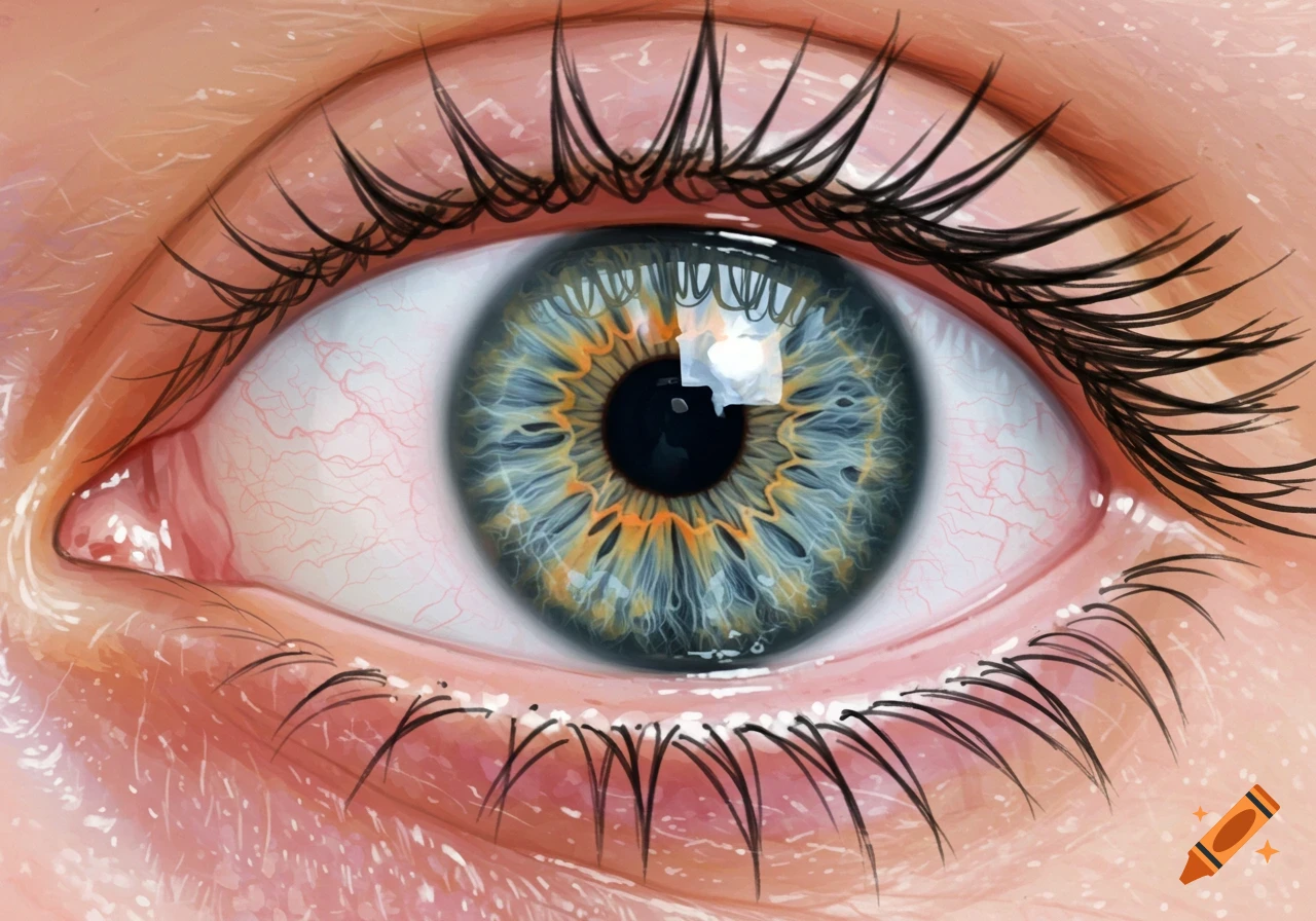 Detailed illustration of a human eye with blue and gold iris.