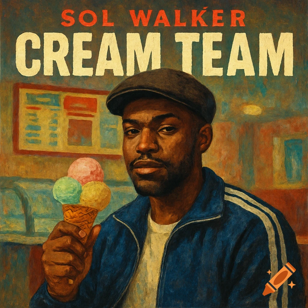 A man in a track jacket and cap holds an ice cream cone. Text reads "SOL WALKER CREAM TEAM". Painterly style.