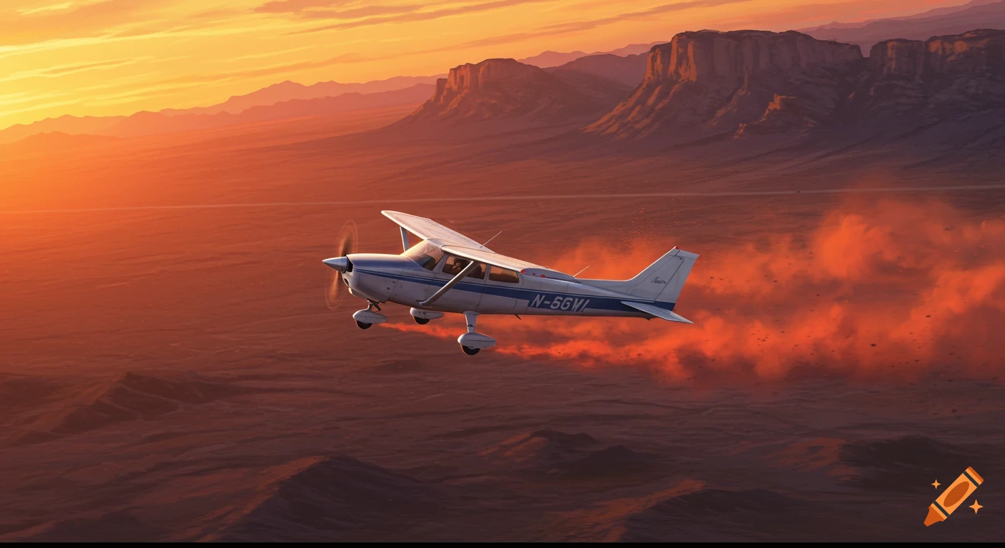 Small airplane flying low over a desert landscape at sunset