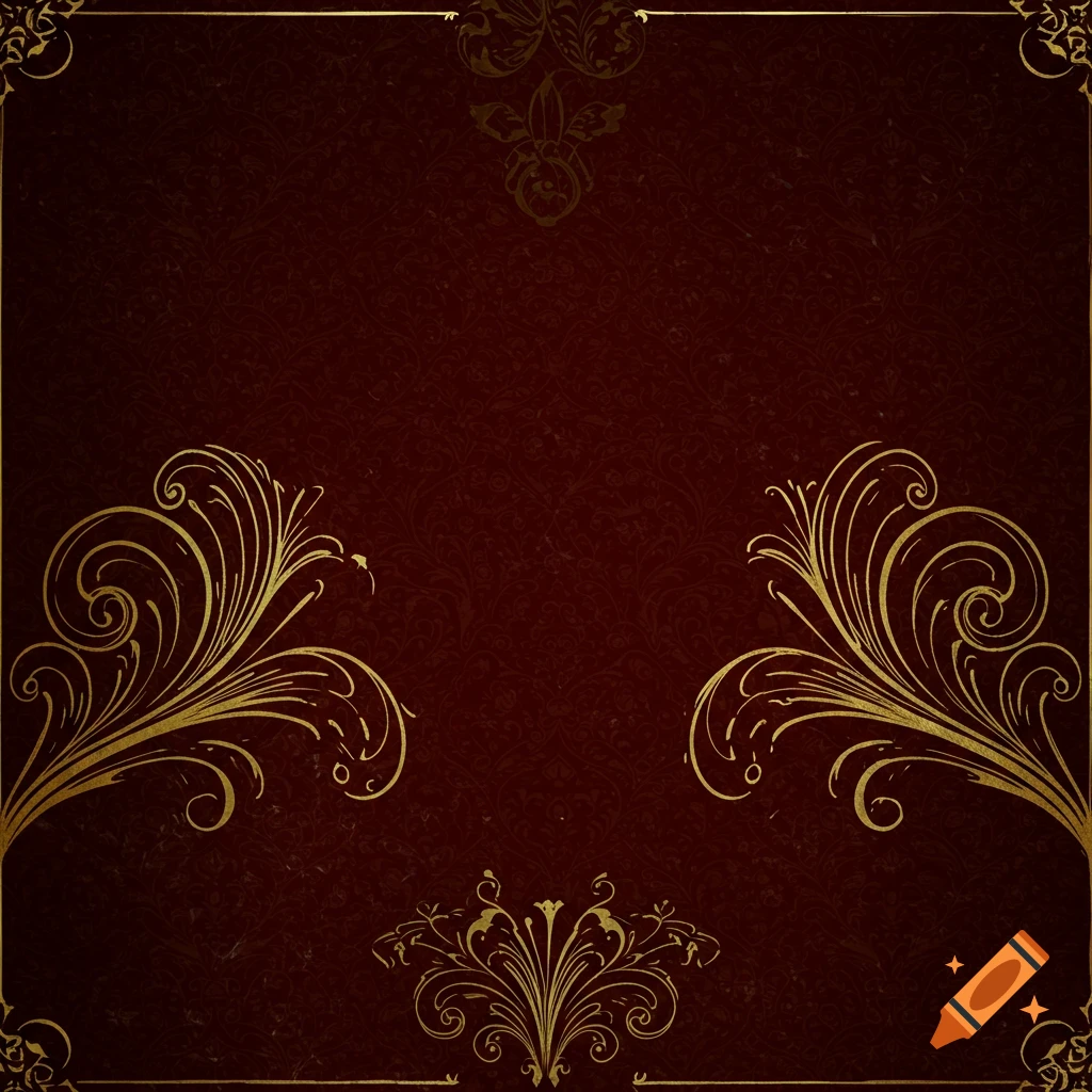 Dark red textured background with gold ornate decorative designs.