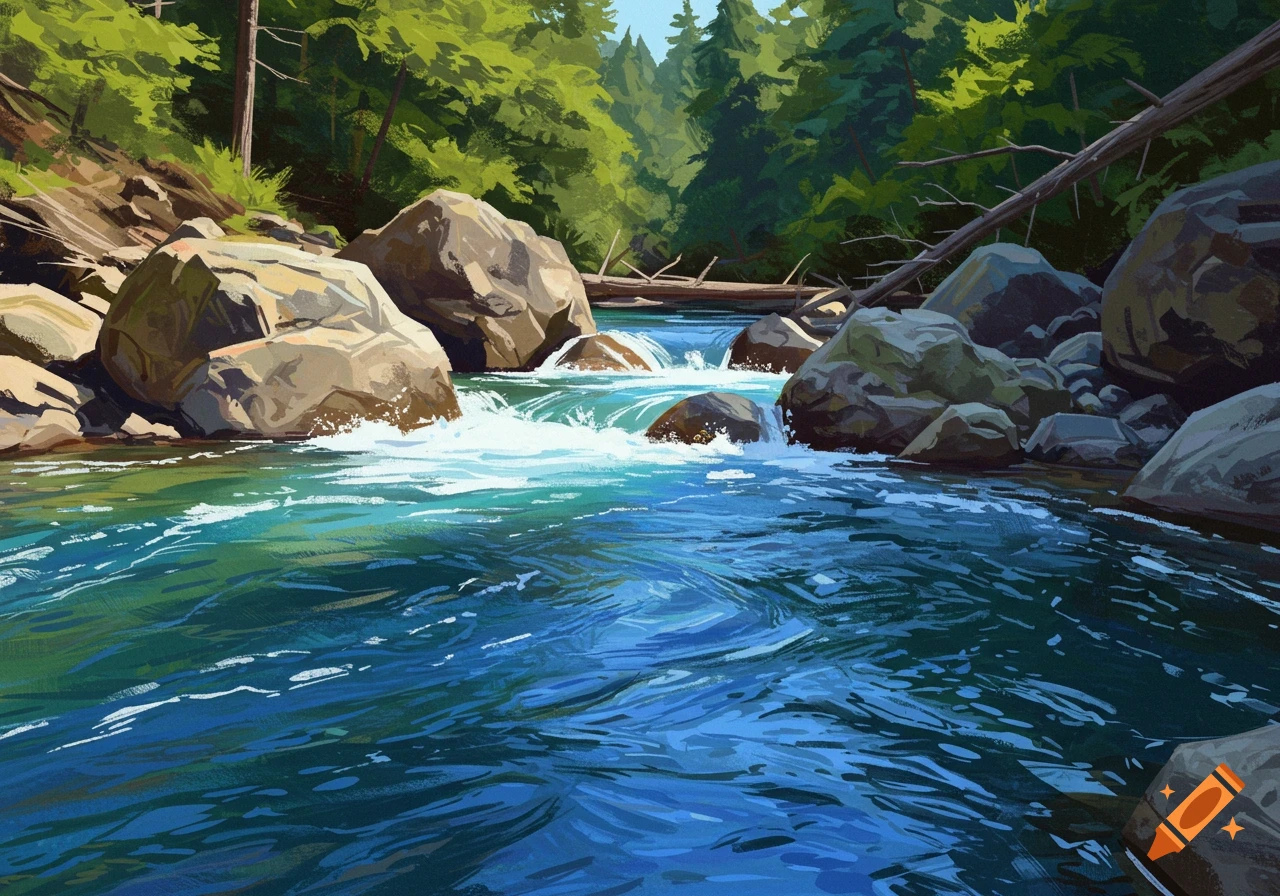 A river flows around large rocks in a forest in a digital painting style.