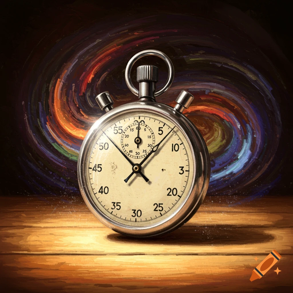 A stopwatch rests on a wooden table before a swirling, colorful abstract background.