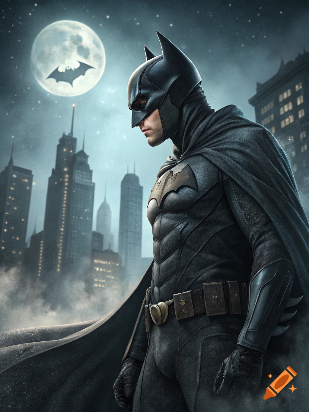 Batman stands on a rooftop overlooking a city skyline at night, with a bat symbol on the moon.