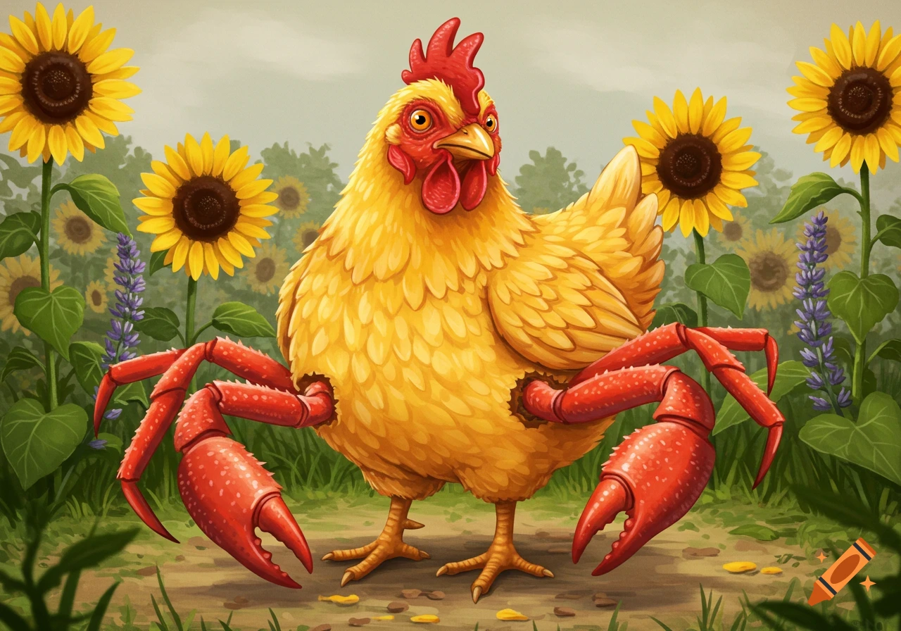A yellow chicken with red crab legs stands in a field of sunflowers.