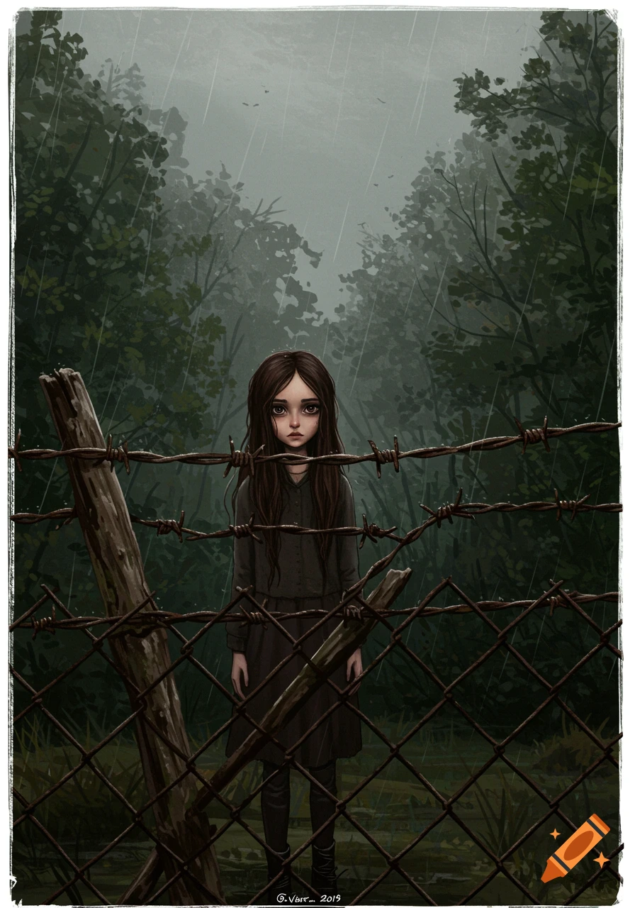Illustration of a sad girl standing behind a barbed wire fence in a rainy forest.