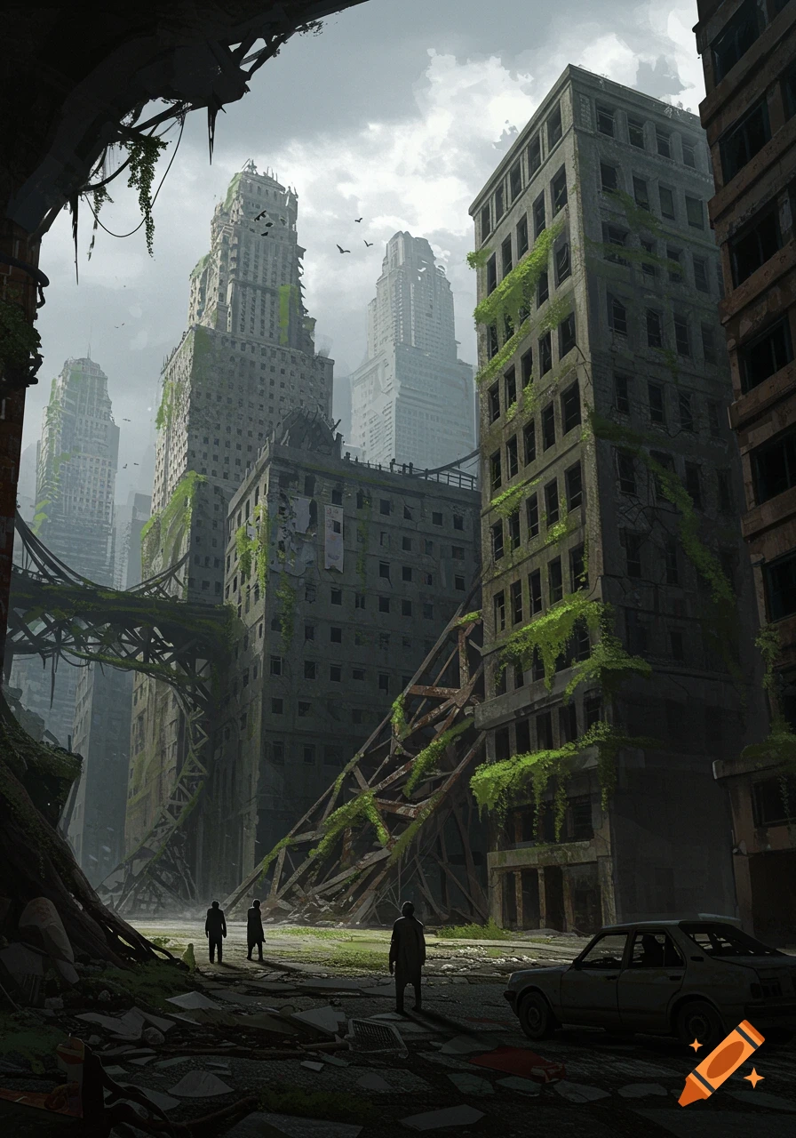 A ruined city with crumbling skyscrapers overgrown with vegetation, debris on the ground, and a few figures walking through the street.