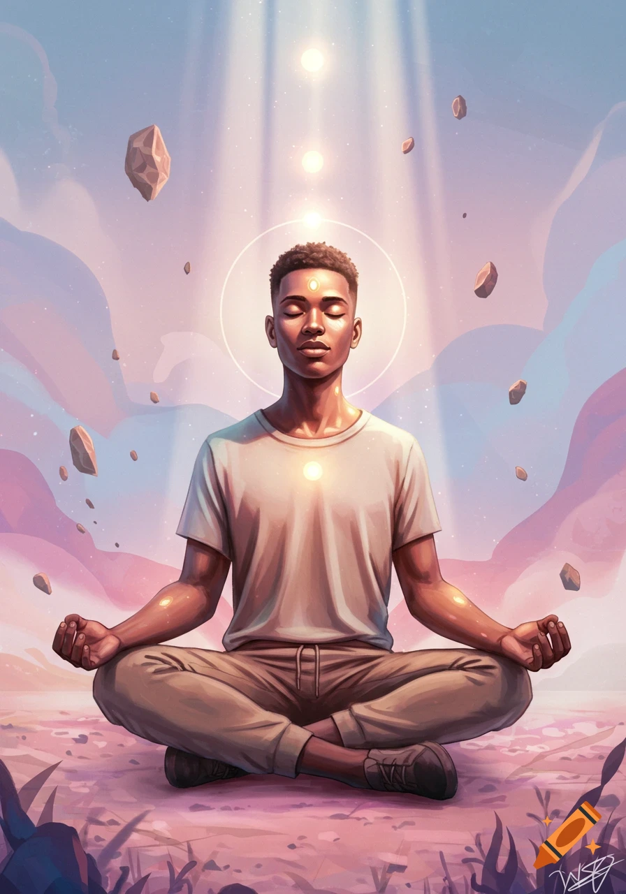 Man meditating in the lotus position surrounded by floating rocks and light rays in an ethereal setting