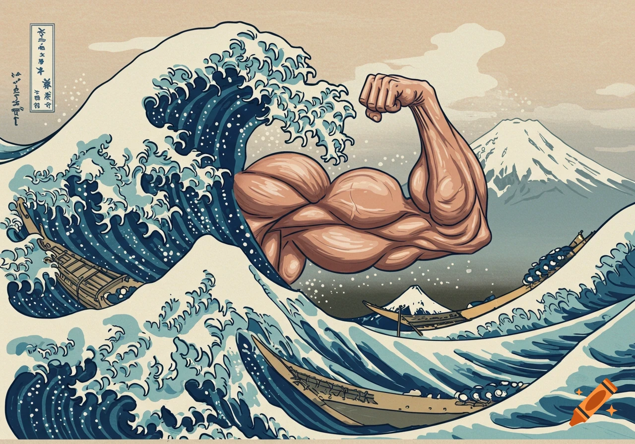 Stylized Japanese art of a flexing arm made of a great wave, with boats and Mt. Fuji in the background.