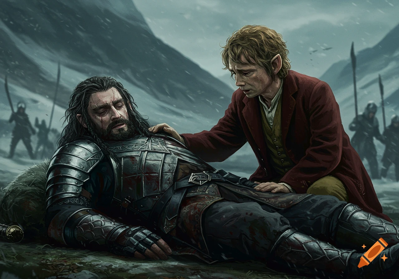 A wounded warrior in armor lies on the ground in a snowy pass, a hobbit kneels beside him.