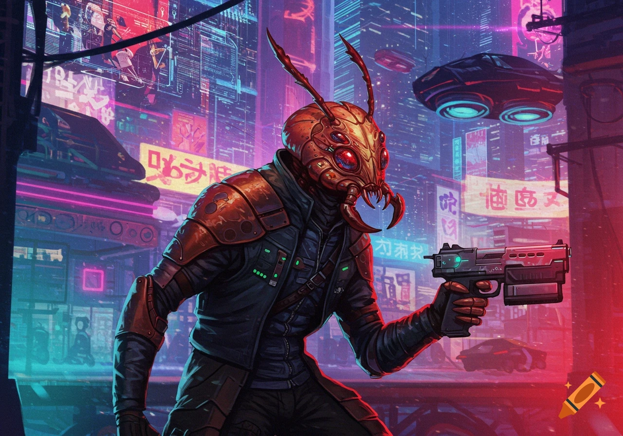 Insectoid creature with a pistol in a neon-lit cyberpunk city.