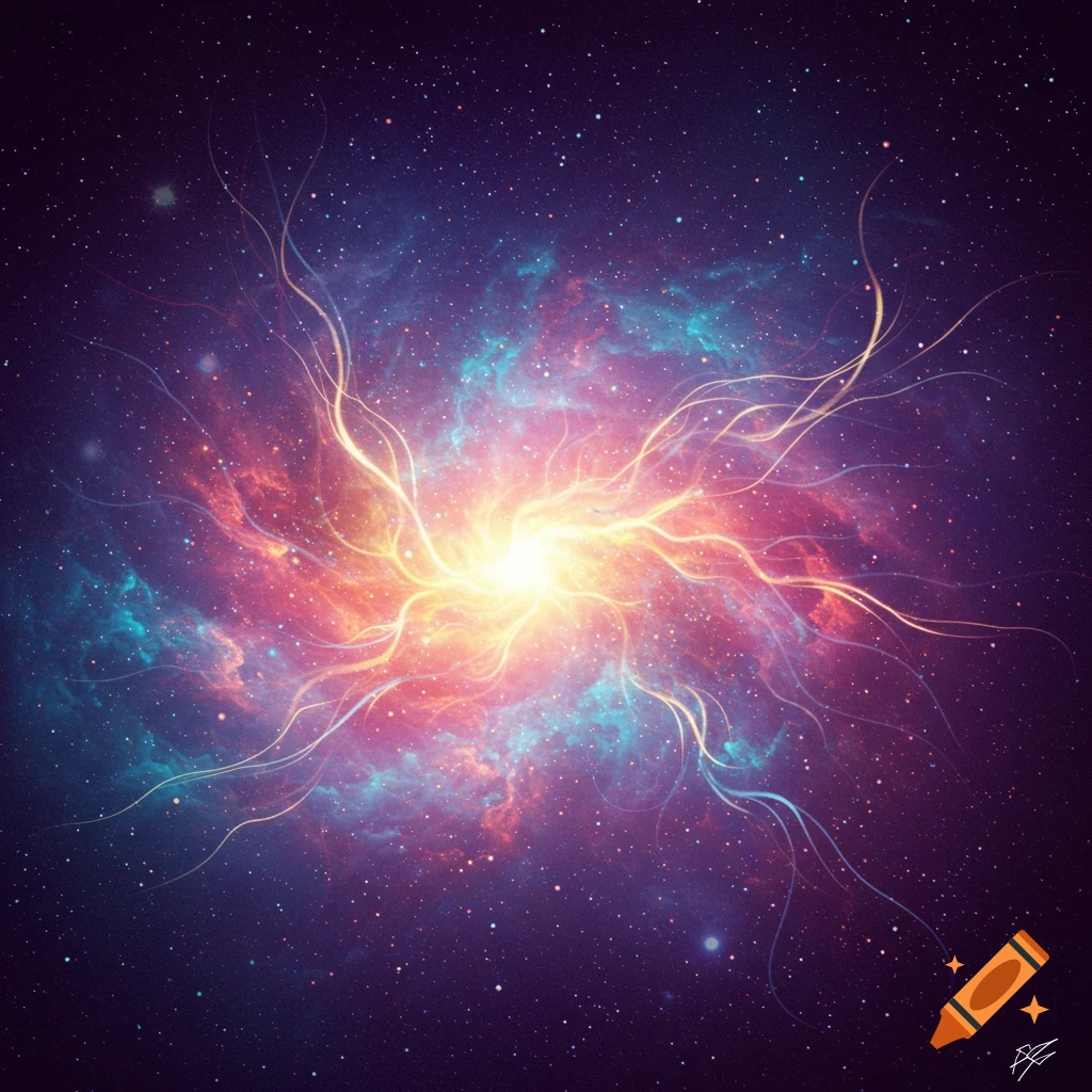 Bright energy source at the center of a swirling nebula in deep space filled with stars.