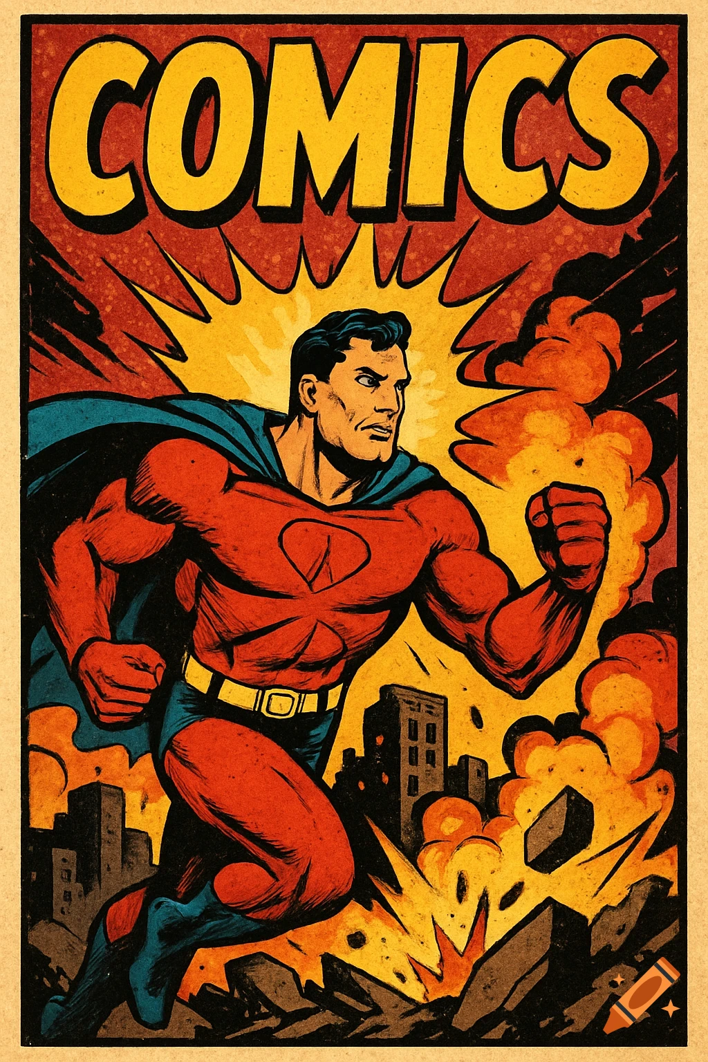 A retro comic book cover style poster featuring a superhero running forward.