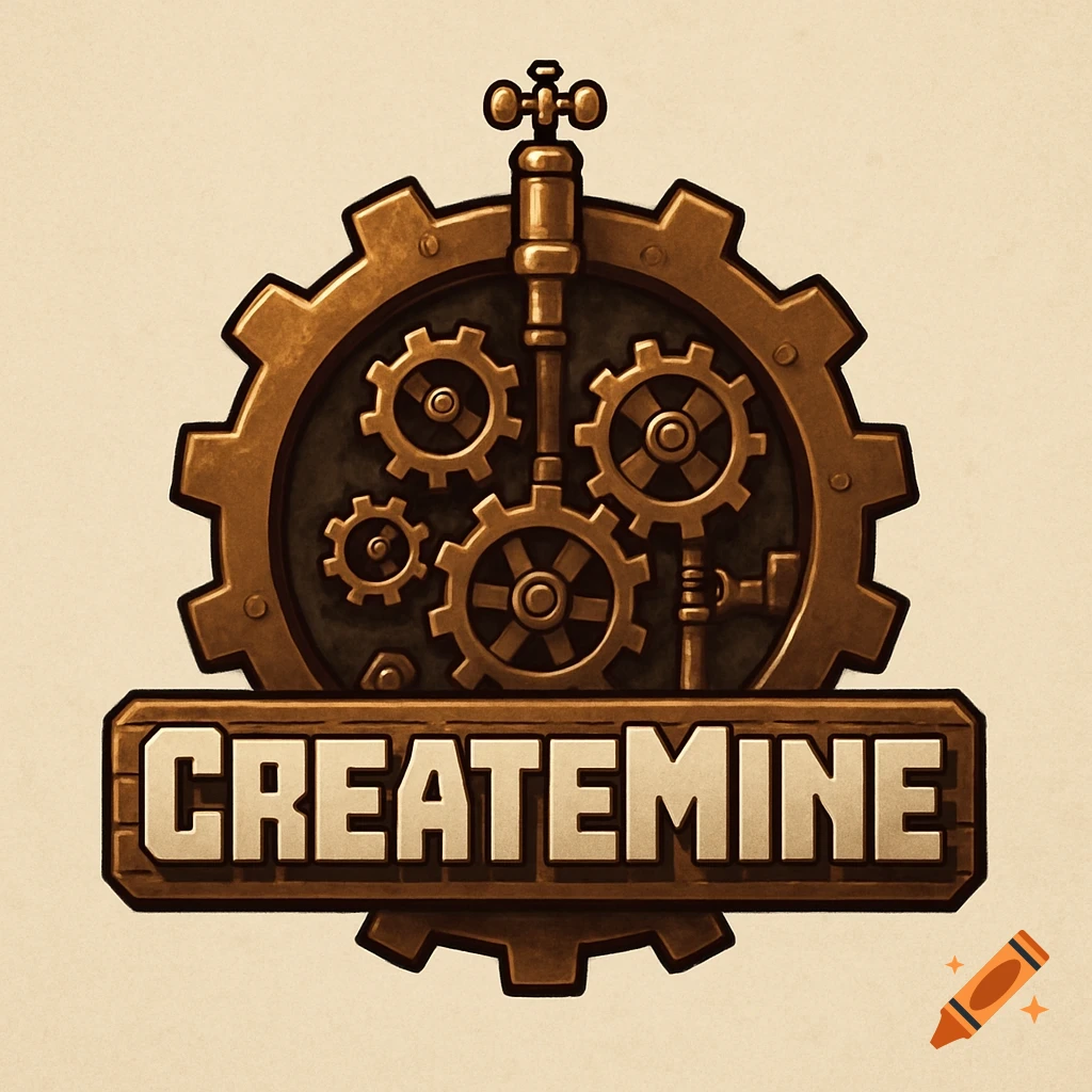 Steampunk gear logo with pipes and banner showing the text 'CREATEMINE'.